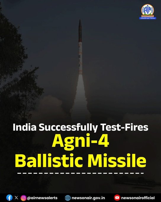 India successfully test-fires medium-range Agni-4 ballistic missile in Odisha
