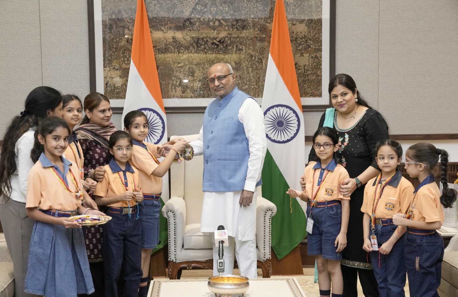 Vice President C P Radhakrishnan celebrates Raksha Bandhan with school children