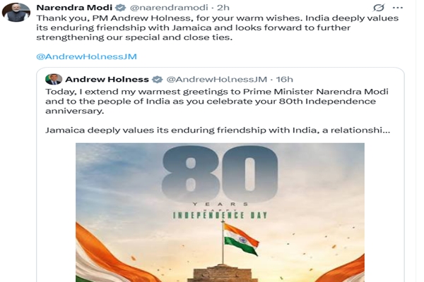 PM Modi Thanks Jamaica PM Andrew Holness for Independence Day Wishes