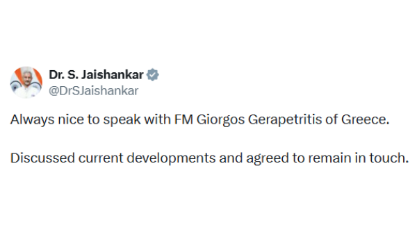 विदेश मंत्री डॉ. एस. जयशंकर ने अपने ग्रीक के विदेश मंत्री जॉर्ज गेरापेट्रिटिस से टेलीफोन पर बातचीत की