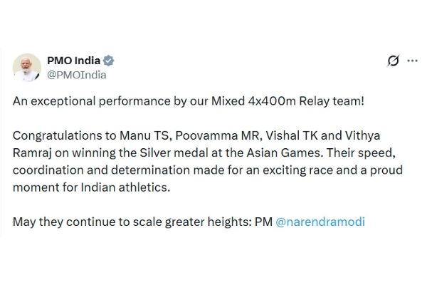 पीएम मोदी ने एशियाई खेलों में रजत पदक जीतने वाले भारतीय एथलीट्स को दी बधाई