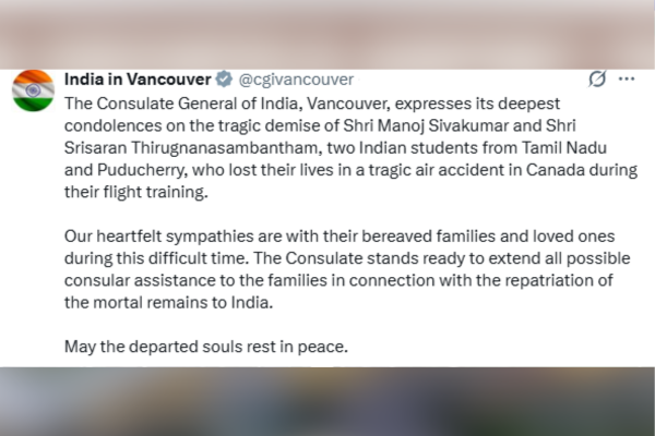 Consulate General of India in Vancouver condoles death of students in air accident in Canada