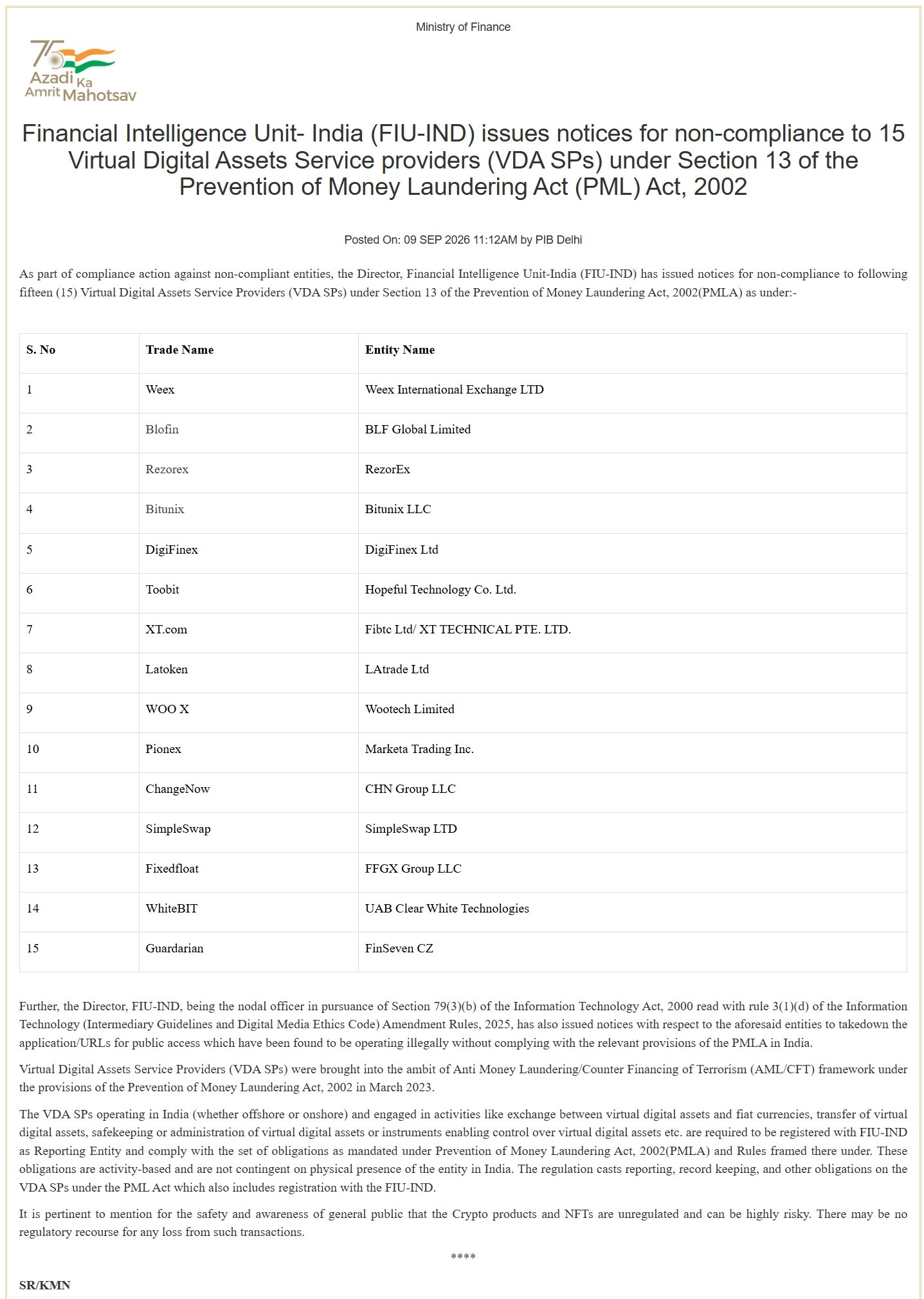 FIU-IND Cracks Down on 15 VDA Service Providers Over PMLA Non-Compliance