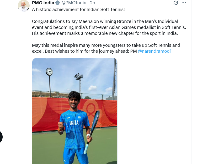 प्रधानमंत्री मोदी ने जय मीणा को एशियाई खेलों में सॉफ्ट टेनिस में भारत को पहला पदक दिलाने पर बधाई दी