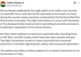 India expresses grief over death of Indian crew member aboard MT Honor in Somalia India expresses grief over death of Indian crew member aboard MT Honor in Somalia