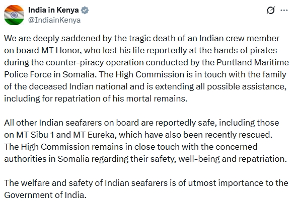 India expresses grief over death of Indian crew member aboard MT Honor in Somalia