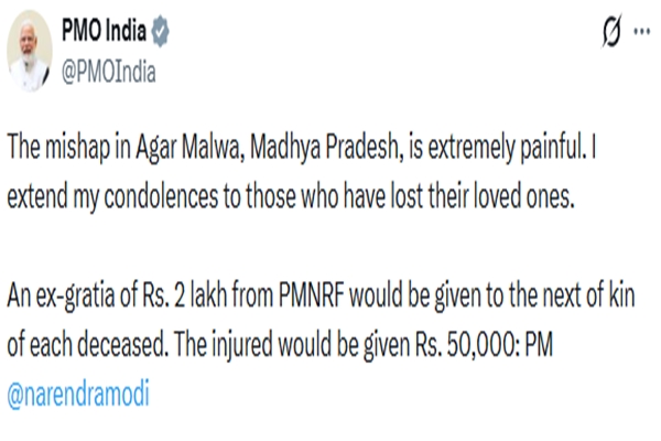 PM Modi Condoles Loss of Lives in Agar Malwa Mishap, Announces Ex-Gratia