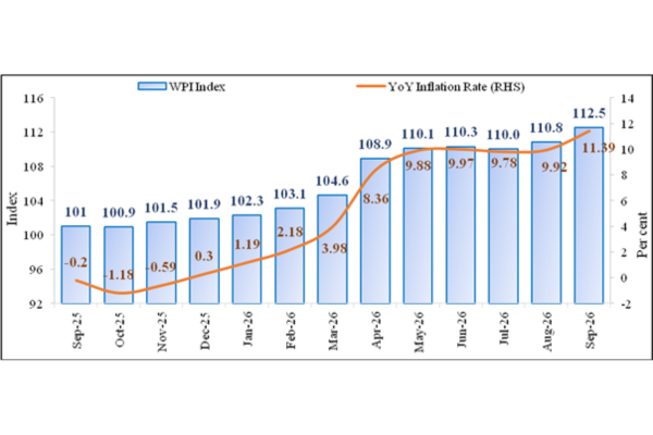 Wholesale Price Index inflation rises to 11.39% in September this year