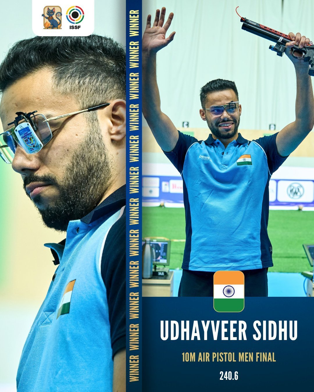 मिस्र में उदयवीर सिद्धू ने निशानेबाजी विश्व कप में पुरुषों की 10 मीटर एयर पिस्टल स्पर्धा में स्वर्ण पदक जीता
