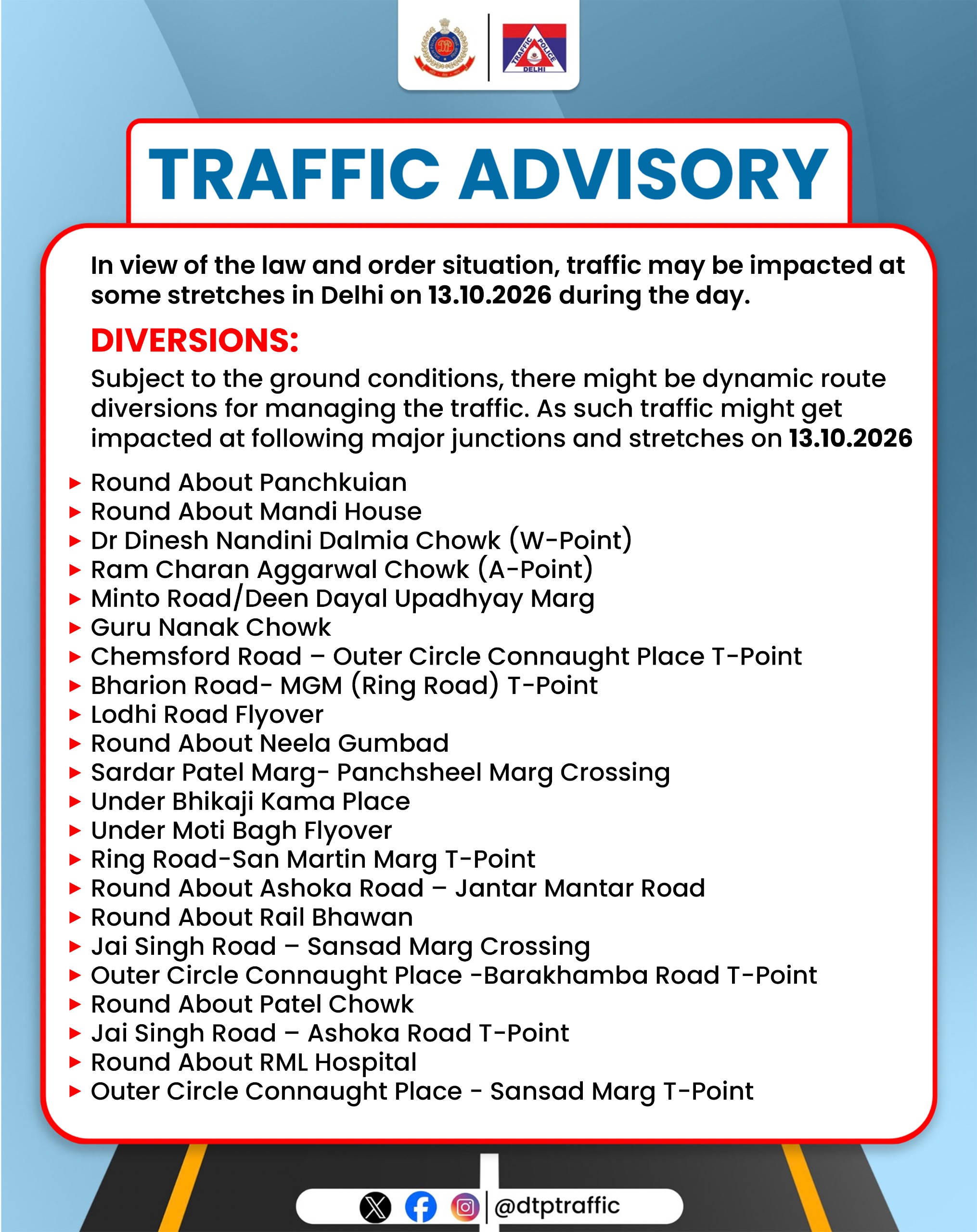 Delhi Traffic Police issue advisory in view of the law and order situation