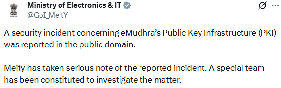 MeitY Says Impact of eMudhra Security Incident on Indian Websites, Apps Very Limited