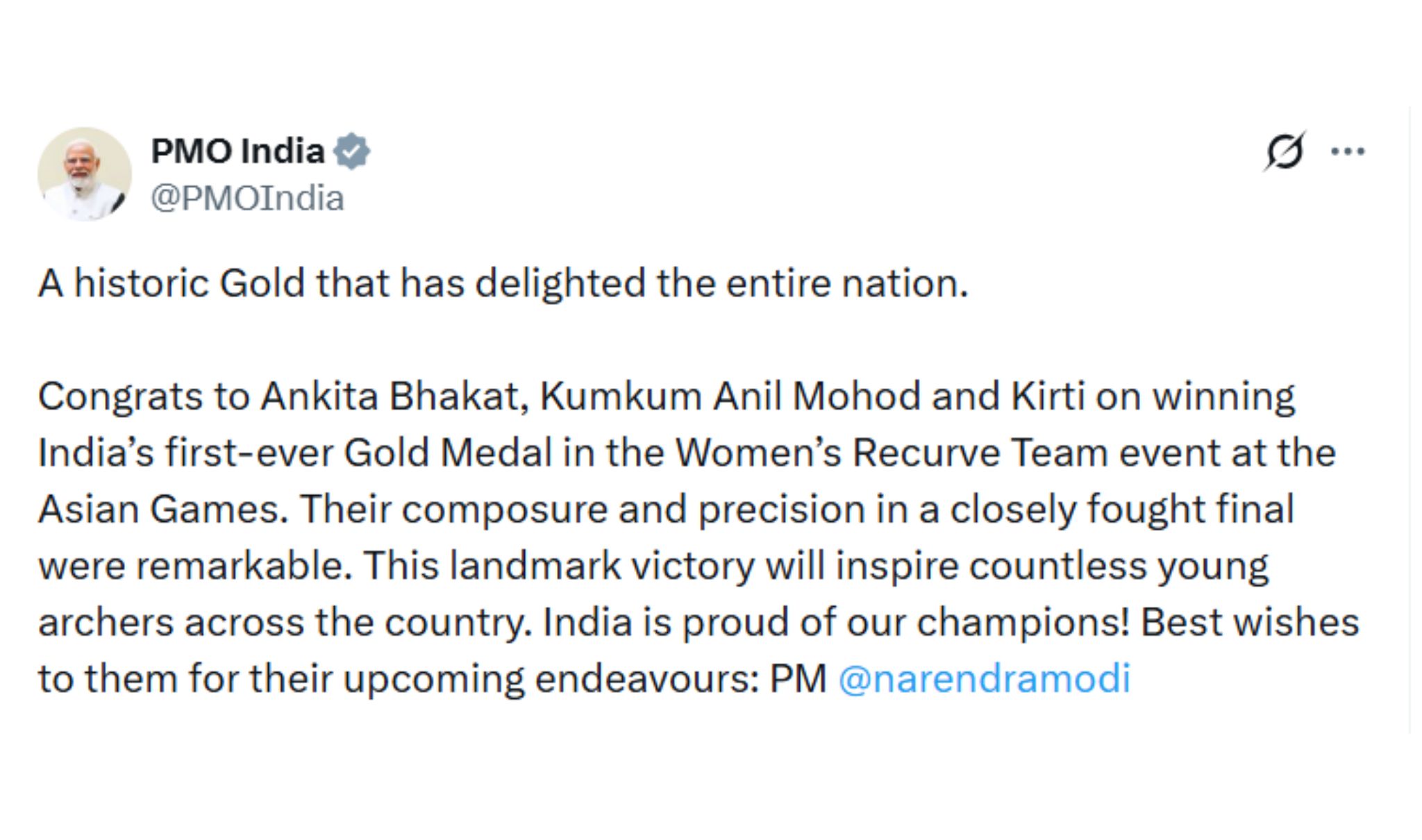 एशियाई खेलों में तीरंदाजी का पहला स्वर्ण जीतने पर पीएम मोदी ने दी बधाई, रिकर्व मिश्रित स्पर्धा में रजत के लिए भी सराहा