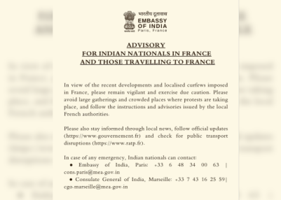 India issues advisory for its citizens in France; Asks them to remain vigilant amid violent protests India issues advisory for its citizens in France; Asks them to remain vigilant amid violent protests