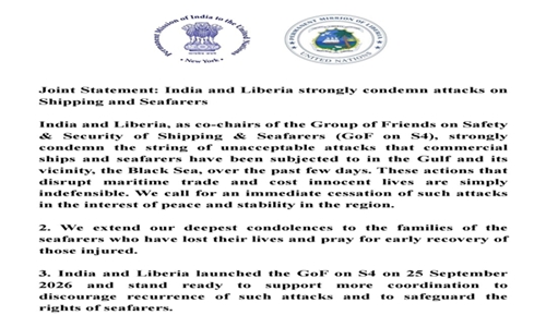India, Liberia Condemn Attacks on Shipping and Seafarers in Gulf, Black Sea